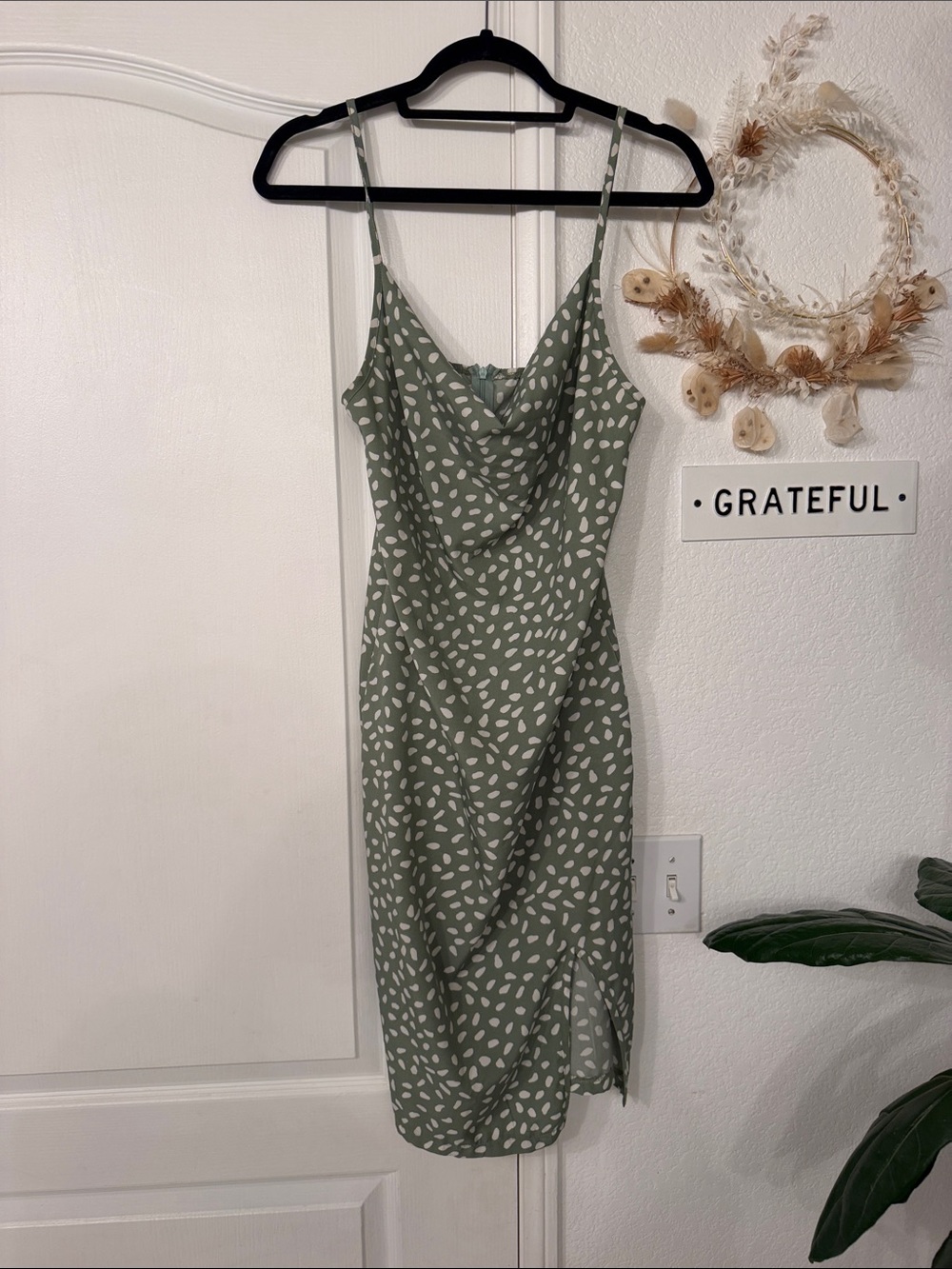 SHEIN Olive Green Printed Cowl Midi Slip Dress